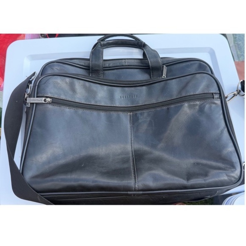 Heritage Black Leather Laptop Briefcase Messenger Bag Multi-Pocket Work Satchel